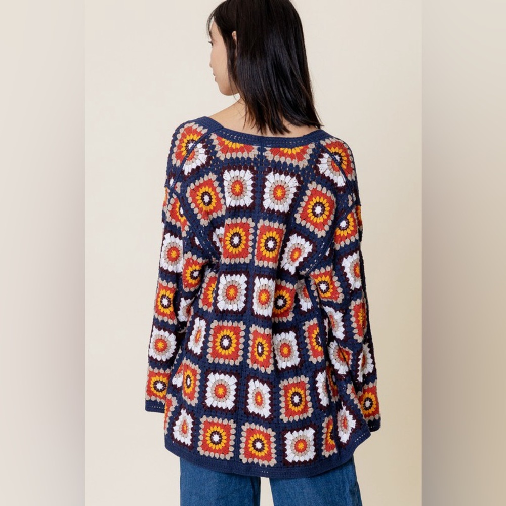 En Creme Navy Crochet Granny Square Cardigan with White, Red & Yellow Accents